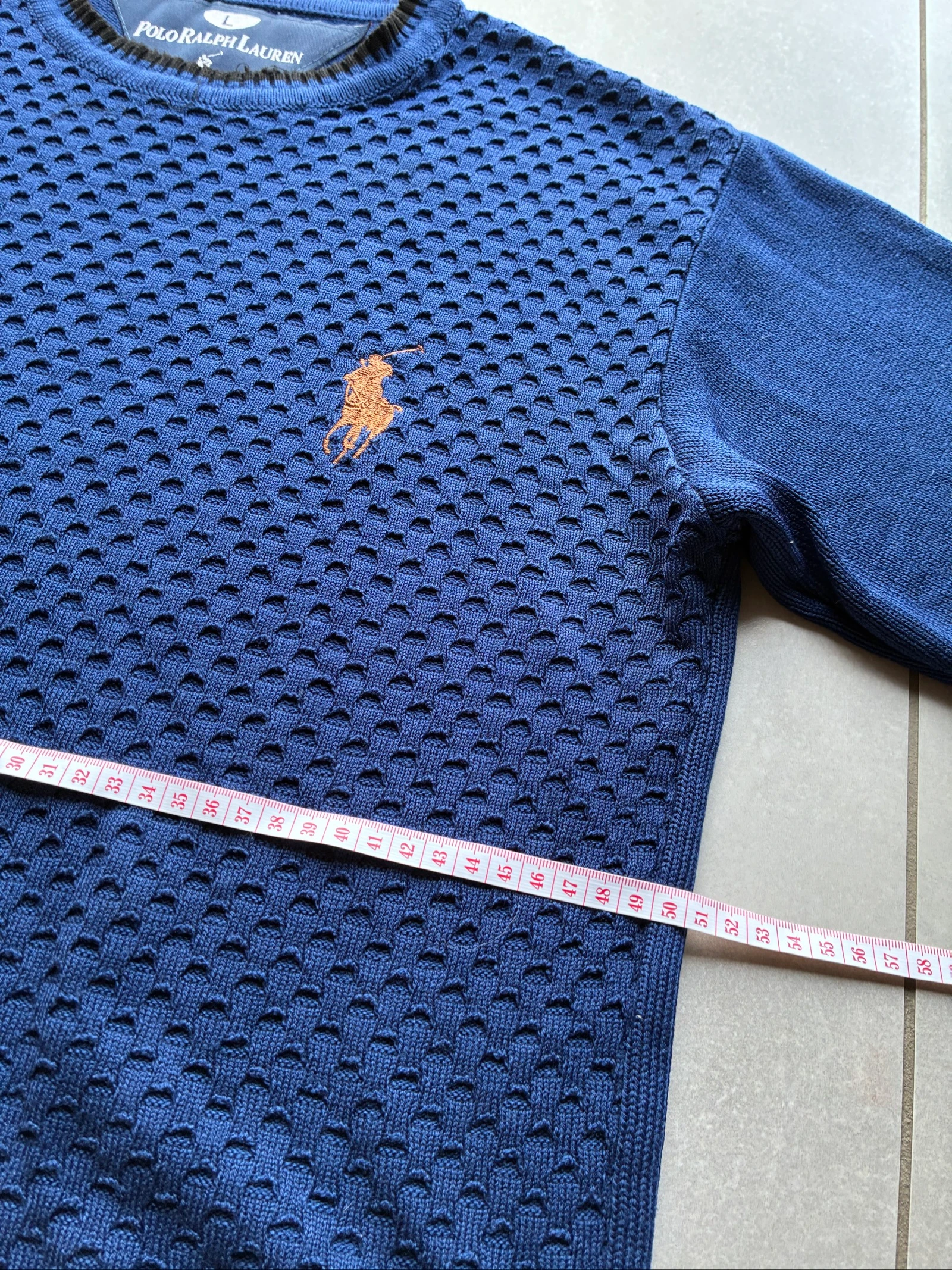 Polo Ralph Lauren Suéter Azul Gola Redonda Texturizado Vintage Y2K Logo Bordado Marrom Remendo nos Cotovelos – photo 8